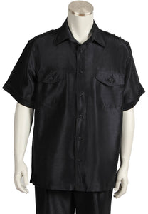 Metallic Shoulder Accent Short Sleeve 2pc Walking Suit Set - Black
