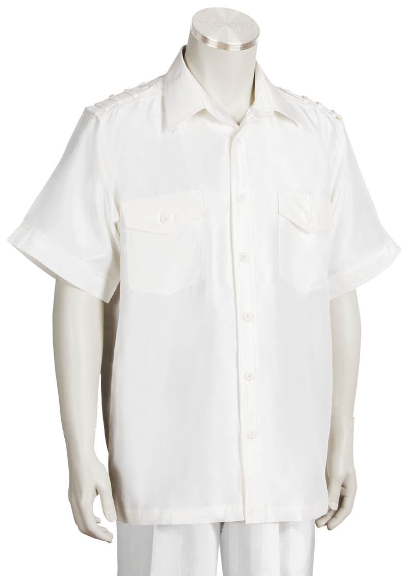 Metallic Shoulder Accent Short Sleeve 2pc Walking Suit Set - Off White