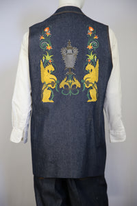 Medieval Cloister Embroidered Denim  2pc Zoot Suit  Vest Set
