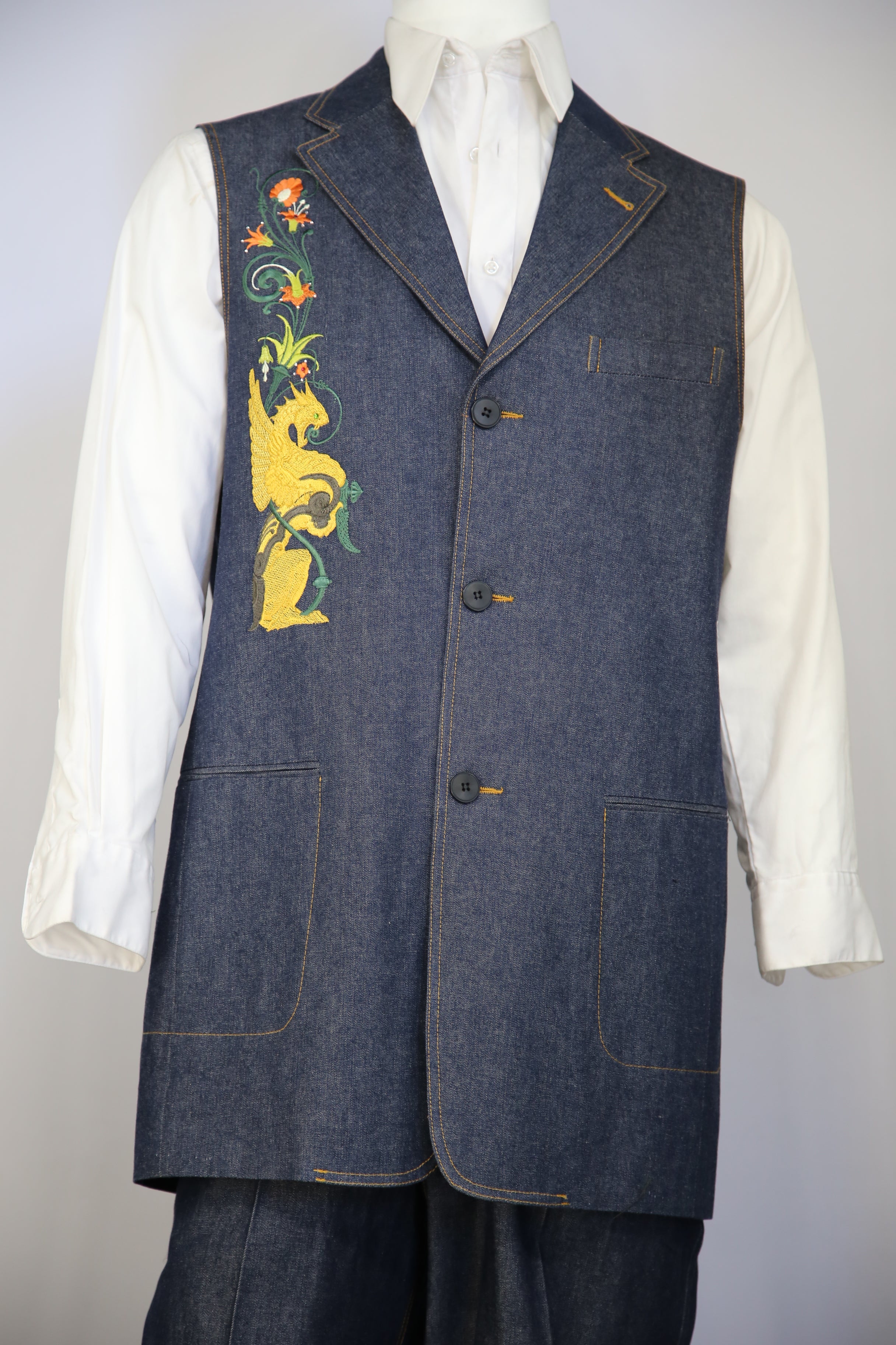 Medieval Cloister Embroidered Denim  2pc Zoot Suit  Vest Set