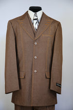 High Peaked Lapel Tri Pocket Denim 3pc Zoot Suit Set - Brown