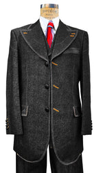 High Peaked Lapel Tri Pocket Denim 3pc Zoot Suit Set - Black