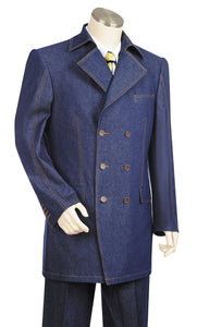 Stylish Trench Collar Double Breasted Stitch Accent Denim 3pc Zoot Suit Set