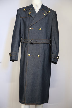 Stylish Trench Collar Double Breasted Brass Accent Denim 1pc Long Zoot Suit