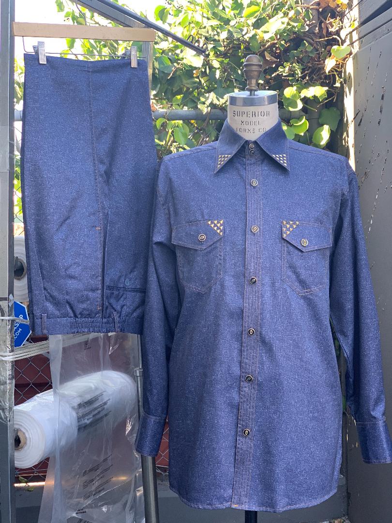 Sharkskin Gold Accent Long Sleeve 2pc Walking Suit Set - Blue