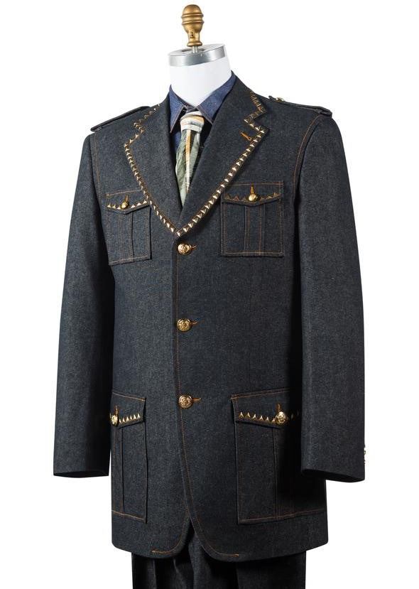 Naval Style Brass Accent Denim 3pc Zoot Suit Set - Black