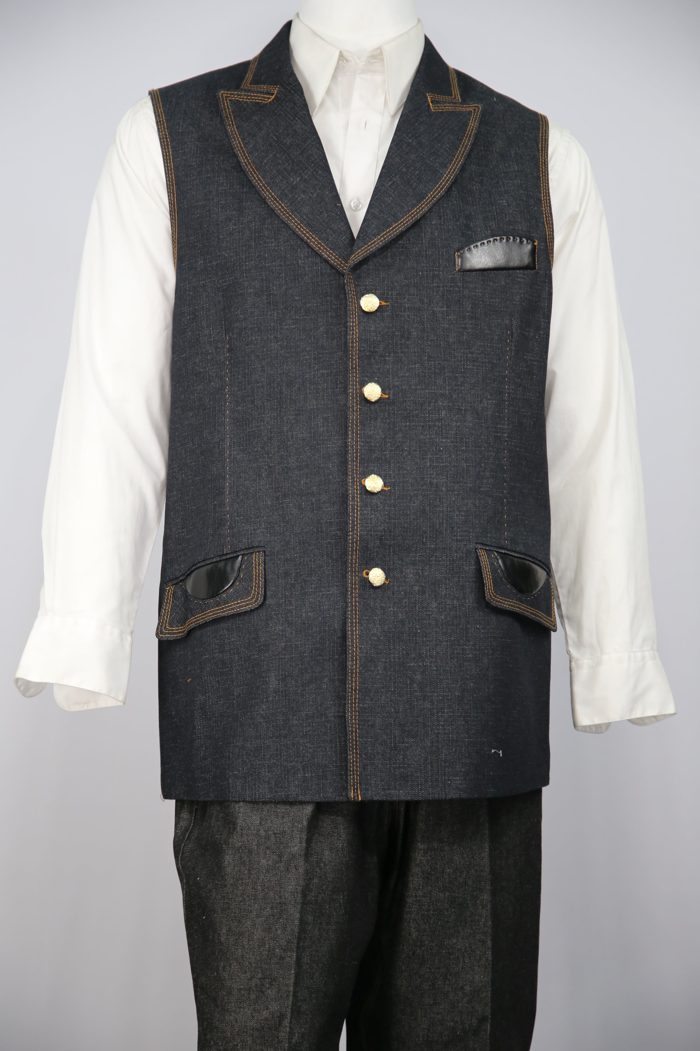 Faux Leather Accents Denim  2pc  Zoot Suit Vest Set
