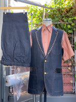 Faux Leather Accents Denim 2pc Zoot Suit Vest Set - Black