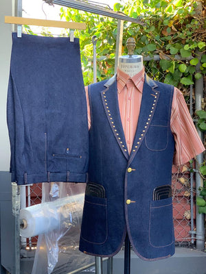 Faux Leather Accents Denim 2pc Zoot Suit Vest Set - Navy