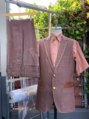 Faux Leather Accents Denim 2pc Zoot Suit Vest Set - Rust