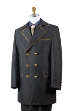 Stylish Trench Collar Double Breasted Brass Accent Denim 3pc Zoot Suit Set
