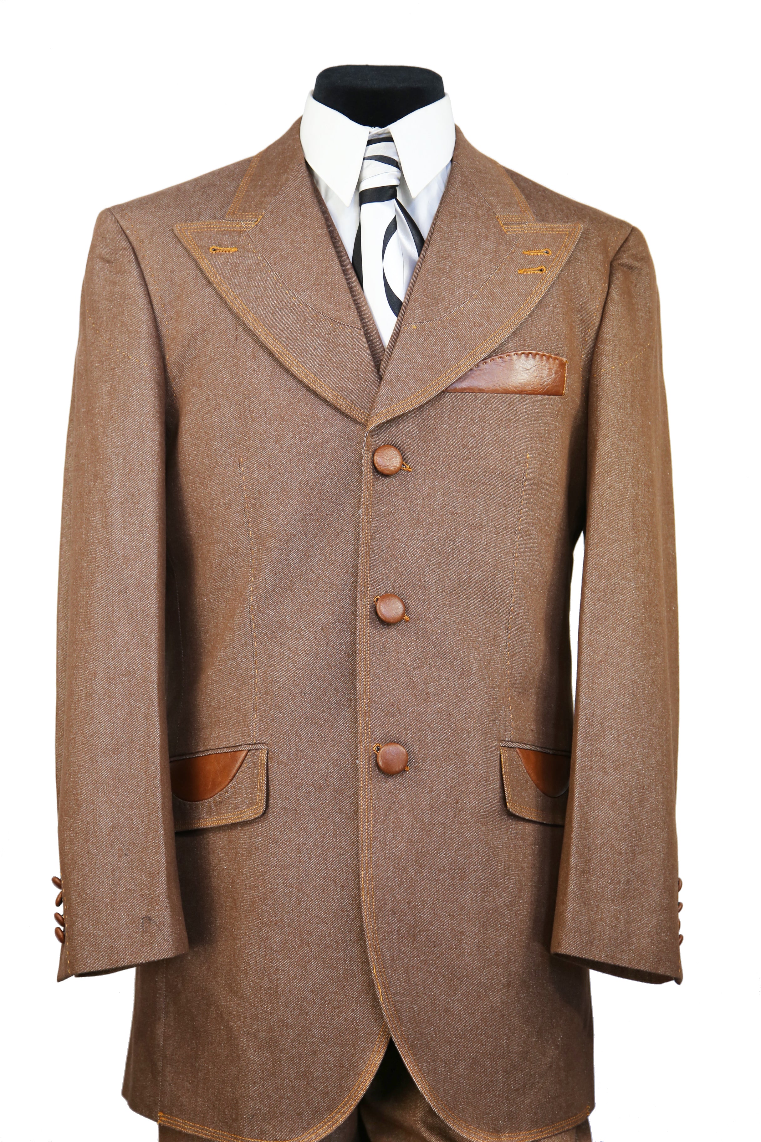 High Peaked Lapel Tri Pocket Denim 3pc Zoot Suit Set - Brown