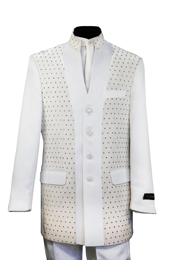Mandarin Collar Velvet Diamond Patterned 2pc Zoot Suit Set - White