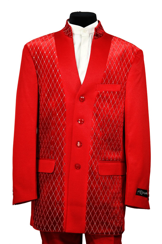 Mandarin Collar Velvet Diamond Patterned 2pc Zoot Suit Set - Red