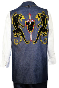 Stylish Black Panther Embroidered Denim 2pc Zoot Suit Vest Set - Navy