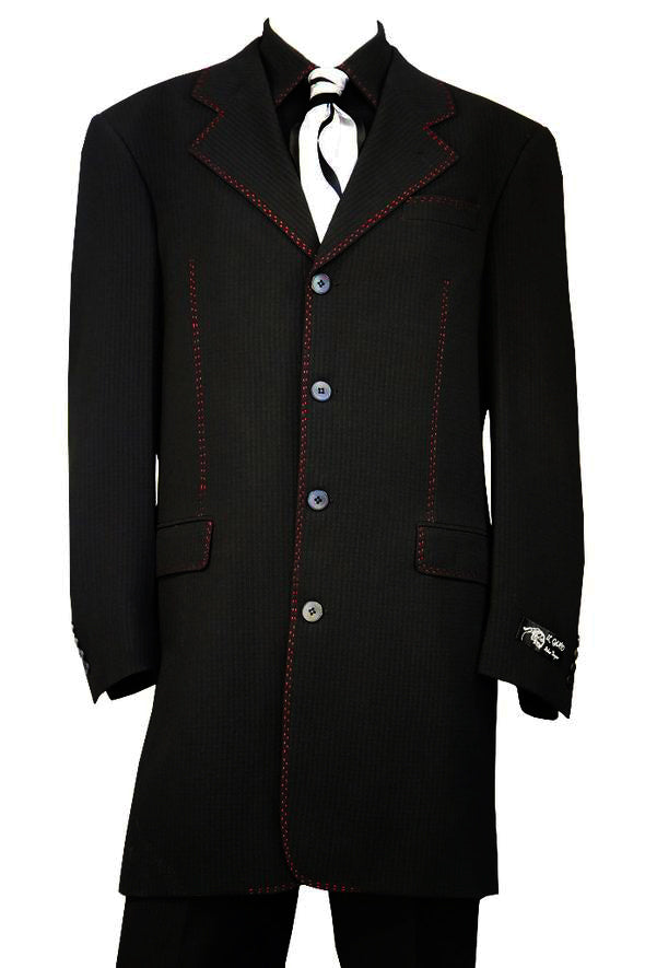 Citywalker Designer Wool Stitched 3pc  Zoot Suit Set - Black w/ Red Stitching