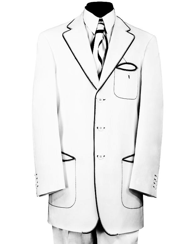 Contour Accents Tri Pocket Denim 2pc  Zoot Suit Set - White w/ Black Contours