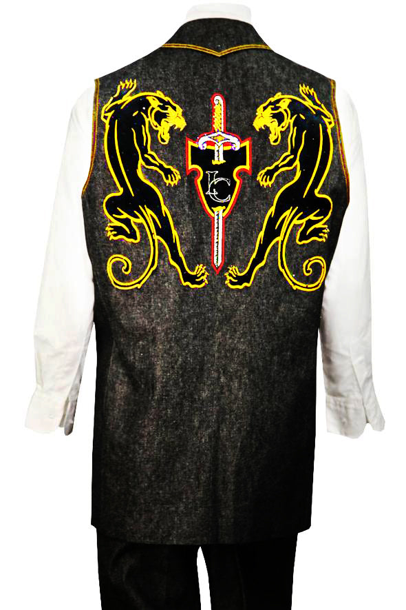 Stylish Black Panther Embroidered Denim 2pc Zoot Suit Vest Set