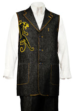 Stylish Black Panther Embroidered Denim 2pc Zoot Suit Vest Set