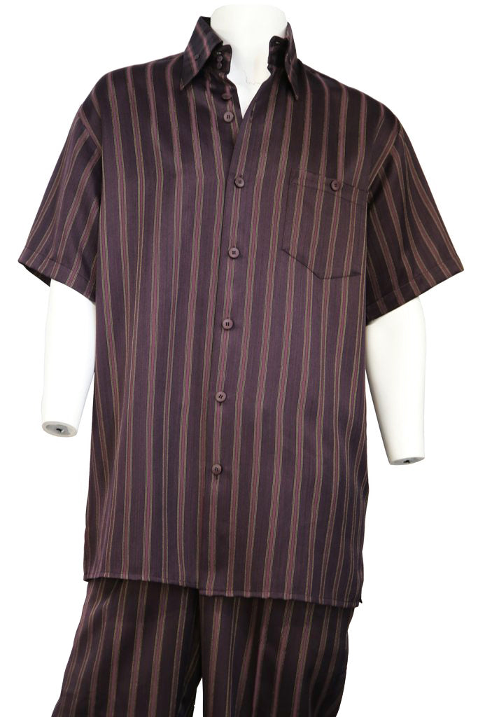 Contrast Stripes Short Sleeve 2pc Walking Suit Set - Wine