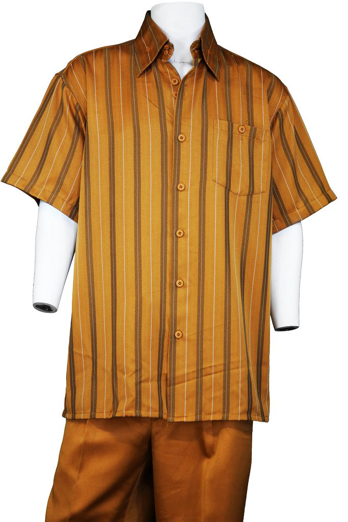 Suture Stripes Short Sleeve 2pc Walking Suit Set - Apricot