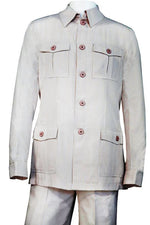 Seersucker Stripes Vintage Quad Pocket Long Sleeve 2pc Walking Suit Set - Tan