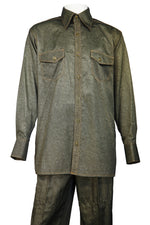 Sharkskin Stitch Accent Long Sleeve 2pc Walking Suit Set - Olive