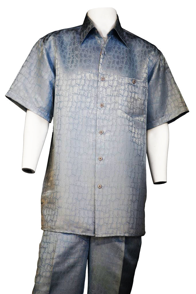 Crocodilian Scale Short Sleeve 2pc Walking Suit Set - Sky Blue