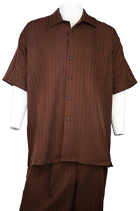 Monotone Stripes Short Sleeve 2pc Walking Suit Set - Mahogany