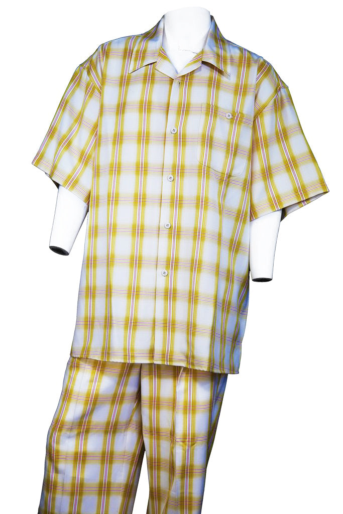 Crosshatch Checkered Single Pocket Short Sleeve 2pc Walking Suit Set - Honey