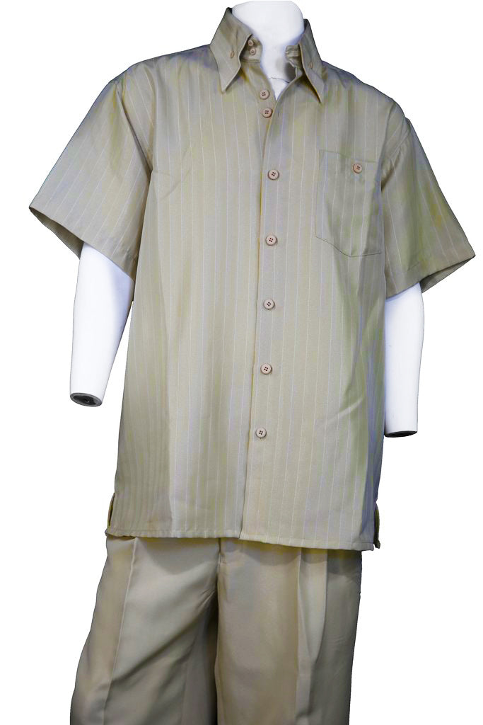 Razor Stripes Short Sleeve 2pc Walking Suit Set - Taupe