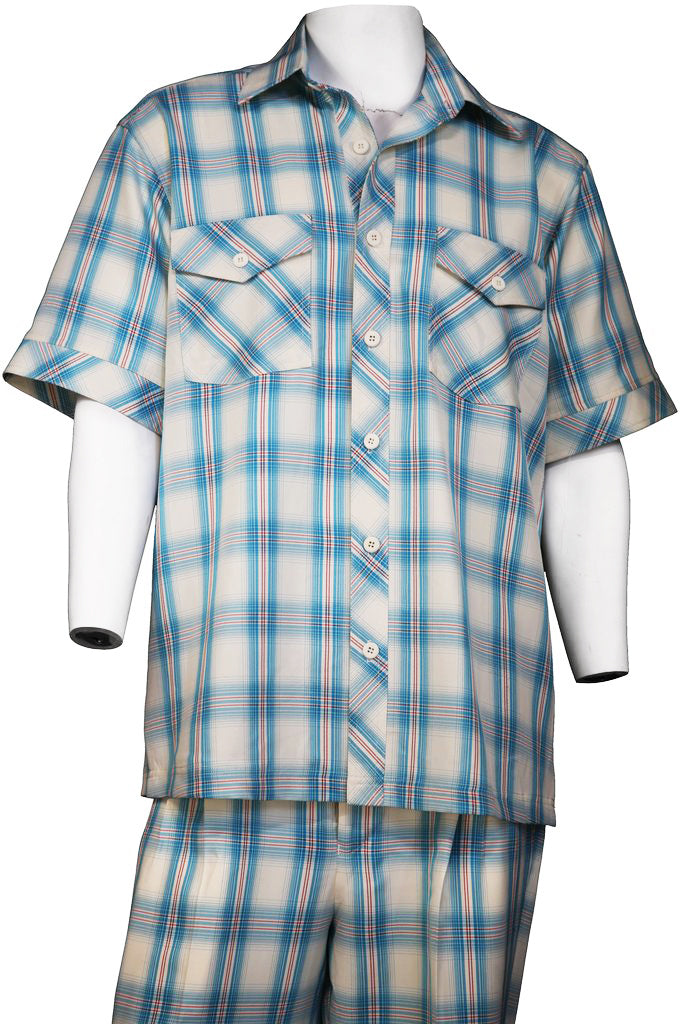 Crosshatch Checkered Dual Pocket Short Sleeve 2pc Walking Suit Set - Teal