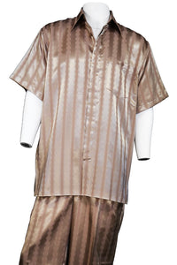 Ombre Stripes Short Sleeve 2pc Walking Suit Set - Khaki