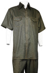 Sharkskin Short Sleeve 2pc Walking Suit Set - Olive