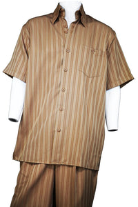 Dual Stripes Short Sleeve 2pc Walking Suit Set - Bronze