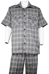 Tile Patterned Shoulder Accent Short Sleeve 2pc Walking Suit Set - Grey
