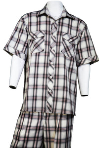 Crosshatch Checkered Dual Pocket Short Sleeve 2pc Walking Suit Set - Black