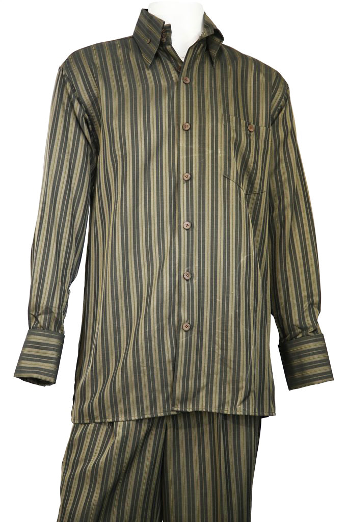 Dual Stripes Long Sleeve 2pc Walking Suit Set - Olive