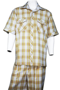 Crosshatch Checkered Dual Pocket Short Sleeve 2pc Walking Suit Set - Honey