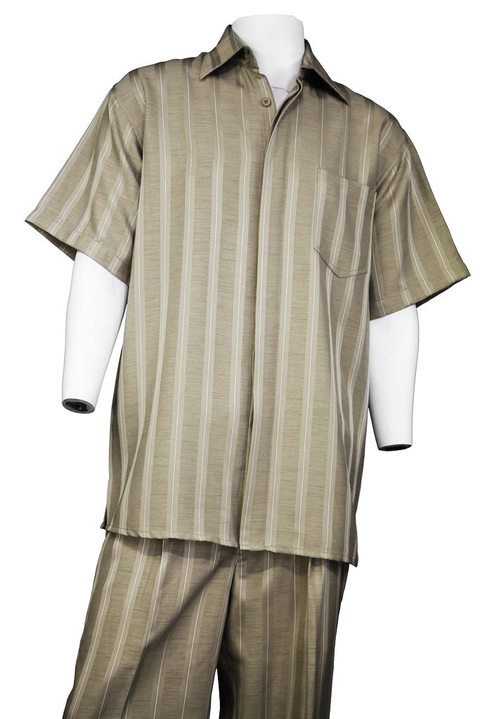 Centerline Stripes Short Sleeve 2pc Walking Suit Set - Camel