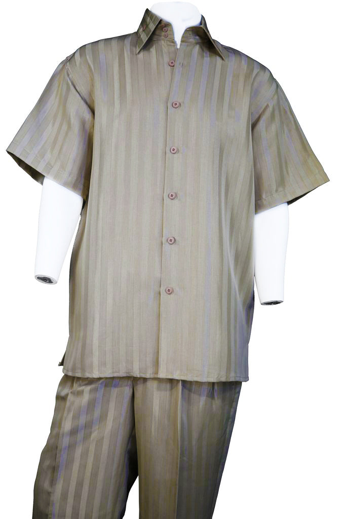 Reflective Stripes Pocketless Short Sleeve 2pc Walking Suit Set - Taupe