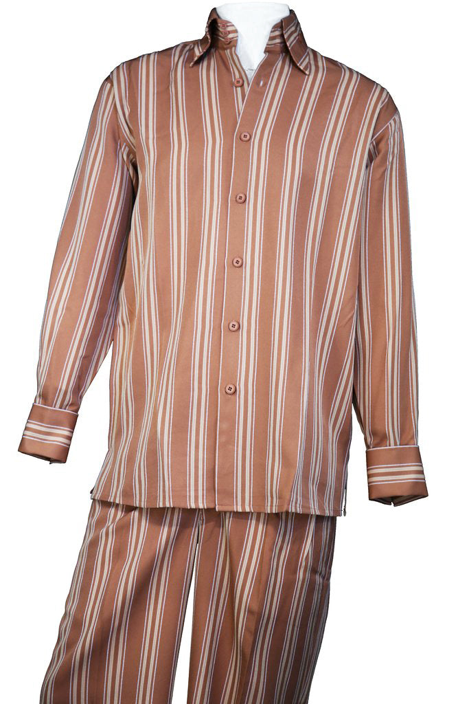 Meridian Stripes Pocketless Long Sleeve  2pc Walking Suit Set - Rust