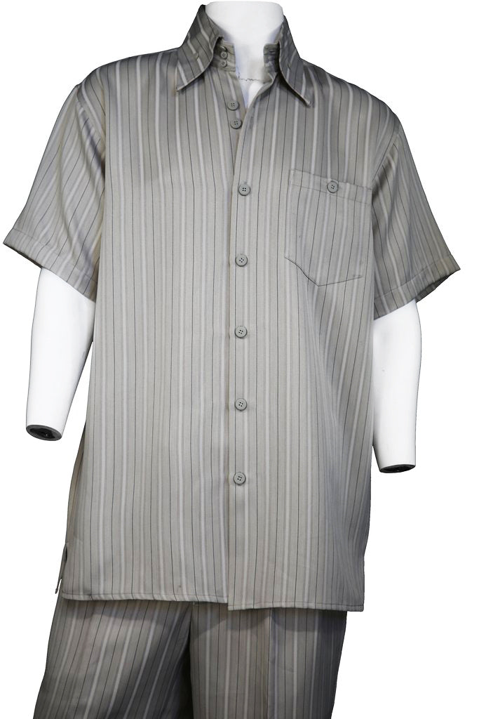 Contrast Stripes Short Sleeve 2pc Walking Suit Set - Silver