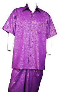 Abstract Shapes Emblazoned Short Sleeve 2pc Walking Suit Set - Purple