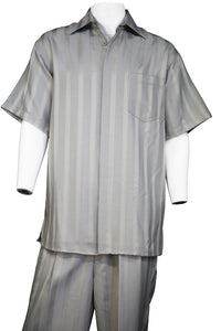 Centerline Stripes Short Sleeve 2pc Walking Suit Set - Silver