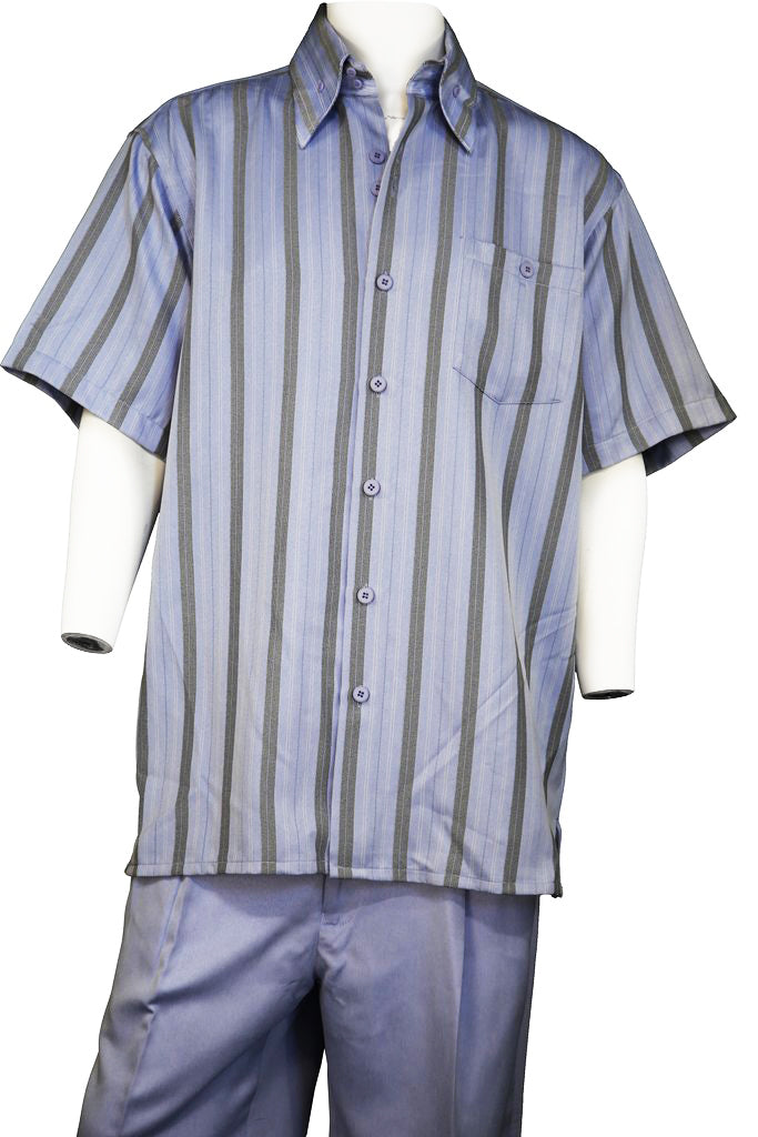 Suture Stripes Short Sleeve 2pc Walking Suit Set - Periwinkle
