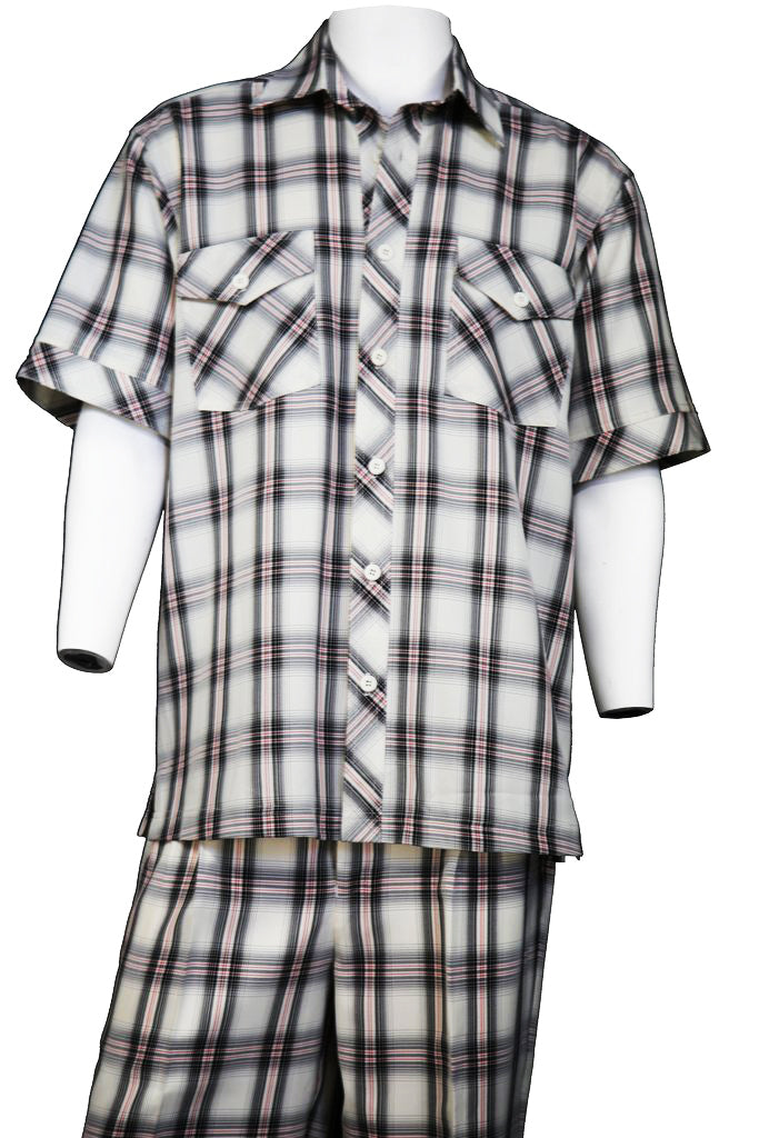 Crosshatch Checkered Dual Pocket Short Sleeve 2pc Walking Suit Set - Coffee