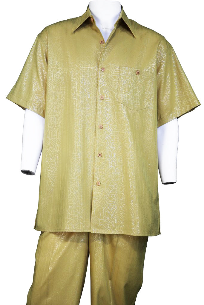Abstract Shapes Emblazoned Short Sleeve 2pc Walking Suit Set - Mustard