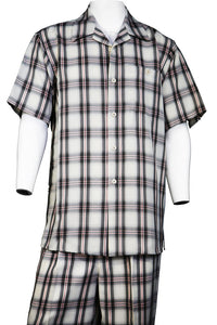 Crosshatch Checkered Single Pocket Short Sleeve 2pc Walking Suit Set - Black